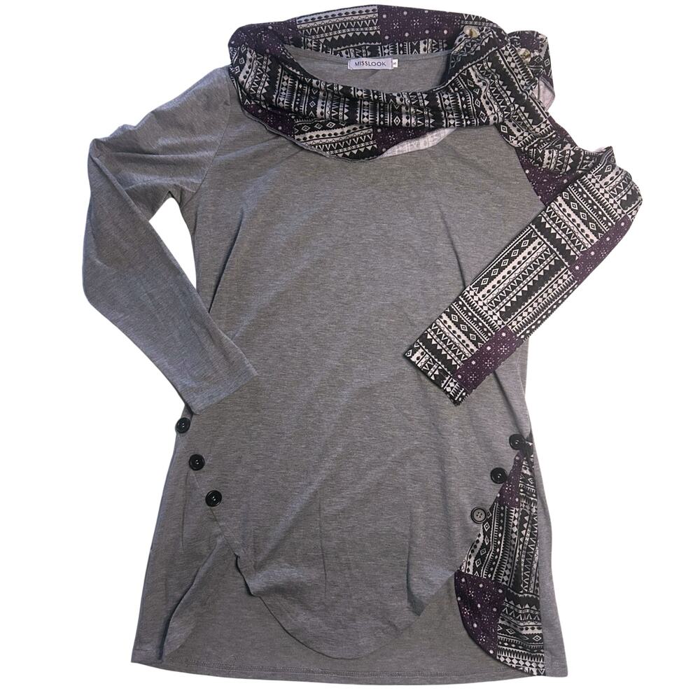 Misslook Small Grey Cowl Neck Tunic Top Geometric Print Asymmetrical Hippie Goth